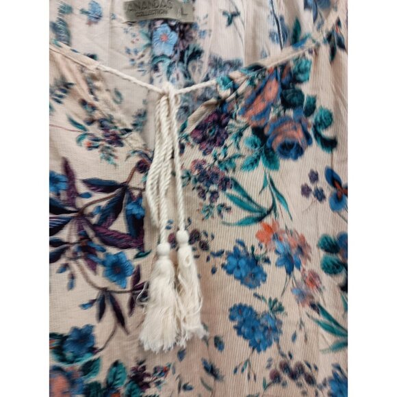 Anandas Collection BOHO Top Womens Large Floral Flare Sleeve Tassel Trim Cottage - Picture 3 of 9